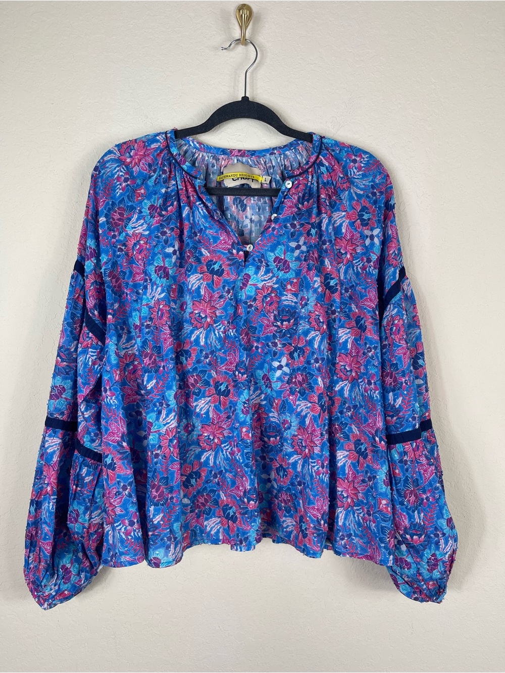 Chufy Kathmandu Heights Long Puffy Sleeve Blouse Blue Pink Floral Size Large